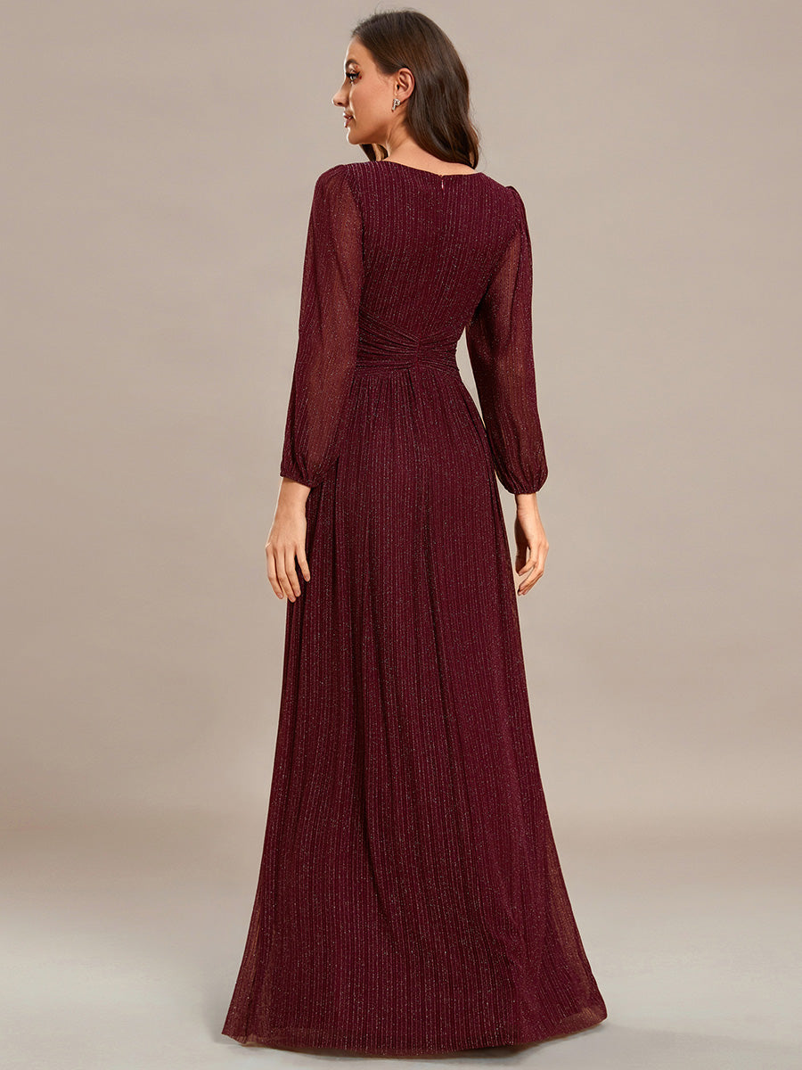 Color=Burgundy | Maxi Long Chiffon Waist V Neck Wholesale Evening Dress with Long Sleeves-Burgundy 2