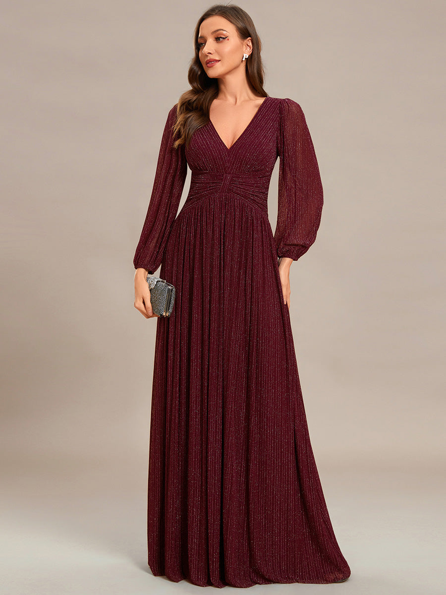 Color=Burgundy | Maxi Long Chiffon Waist  V Neck Wholesale Evening Dress with Long Sleeves-Burgundy 3