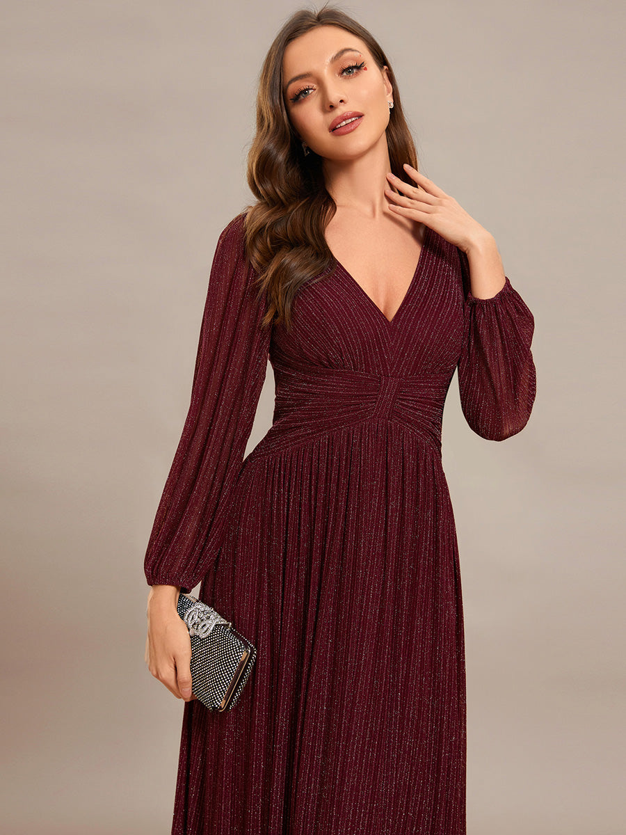 Color=Burgundy | Maxi Long Chiffon Waist  V Neck Wholesale Evening Dress with Long Sleeves-Burgundy 4