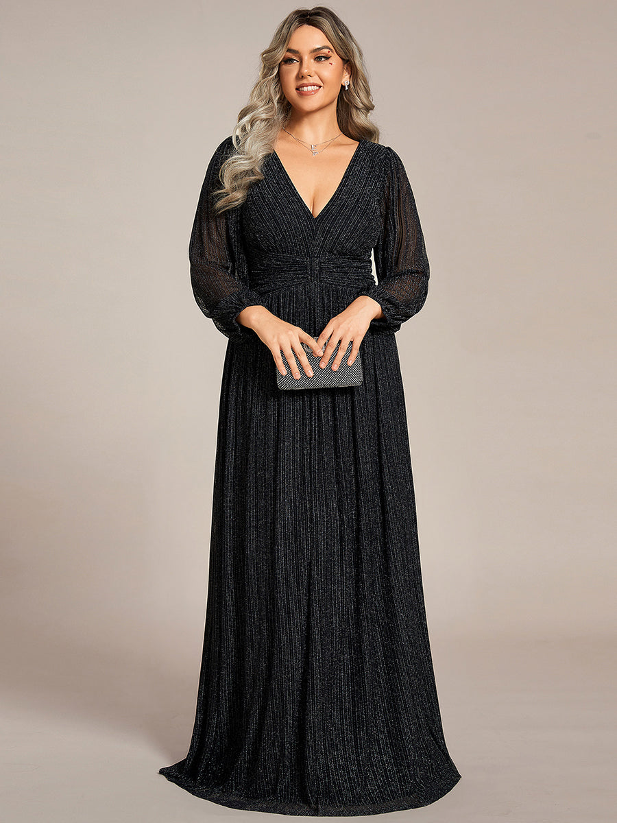 Color=Plus Size Purple Wisteria | Maxi Long Chiffon Waist  V Neck Wholesale Evening Dress with Long Sleeves-Black 1