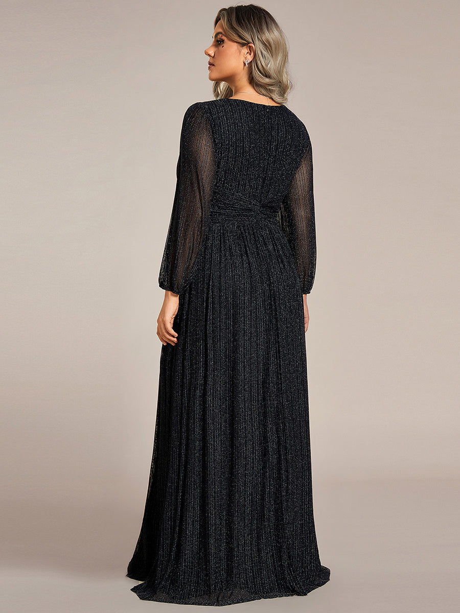 Color=Plus Size Purple Wisteria | Maxi Long Chiffon Waist  V Neck Wholesale Evening Dress with Long Sleeves-Black 2