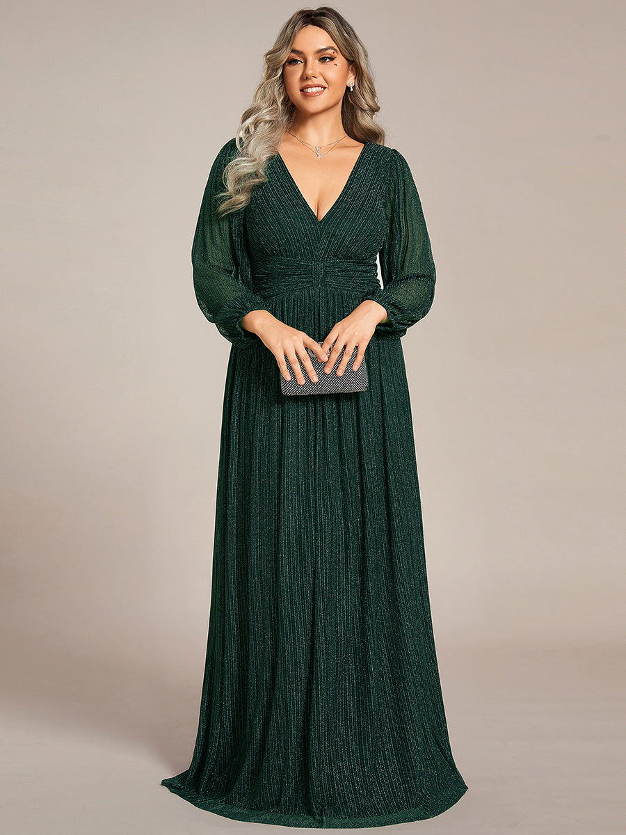 Color=Plus Size Purple Wisteria | Maxi Long Chiffon Waist  V Neck Wholesale Evening Dress with Long Sleeves-Dark Green 4