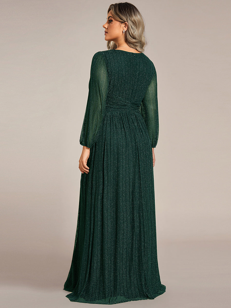 Color=Plus Size Purple Wisteria | Maxi Long Chiffon Waist  V Neck Wholesale Evening Dress with Long Sleeves-Dark Green 3
