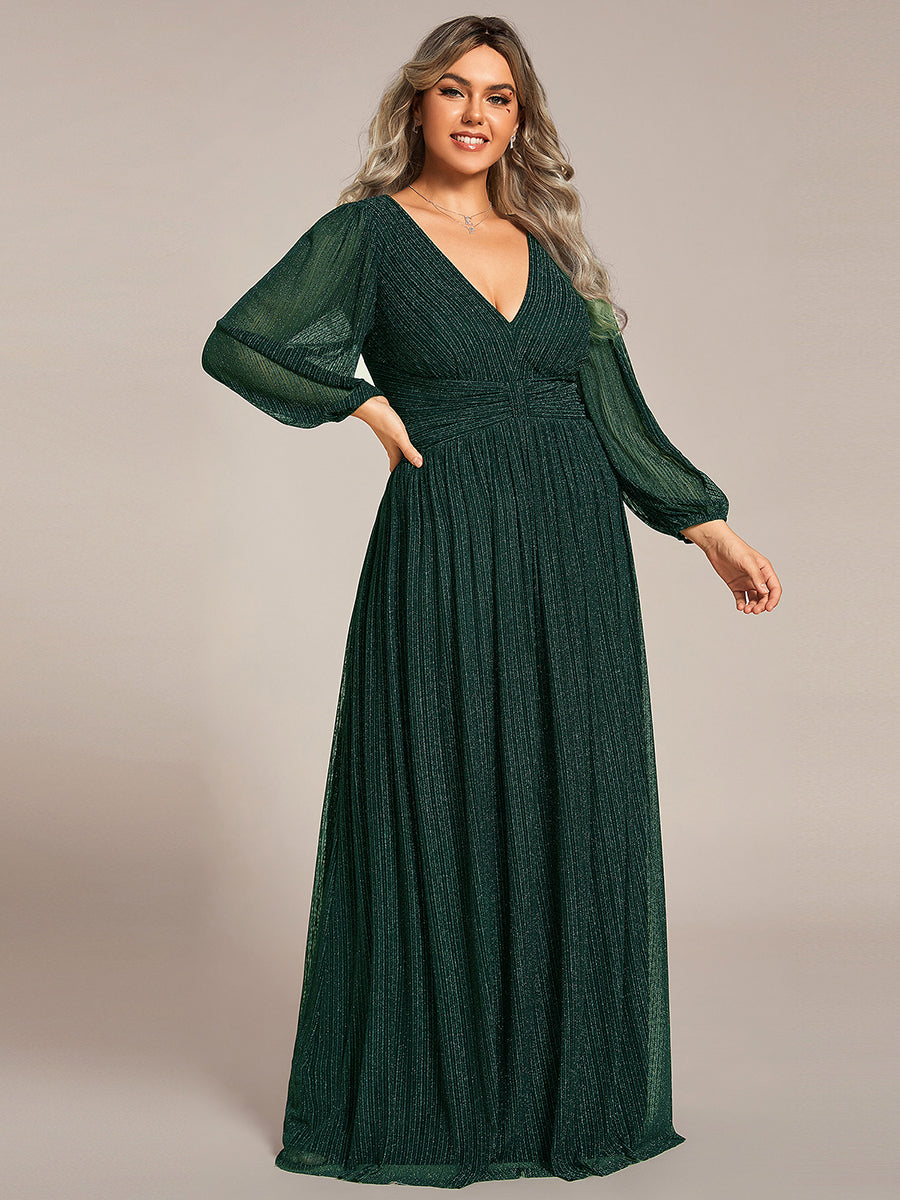 Color=Plus Size Purple Wisteria | Maxi Long Chiffon Waist  V Neck Wholesale Evening Dress with Long Sleeves-Dark Green 2