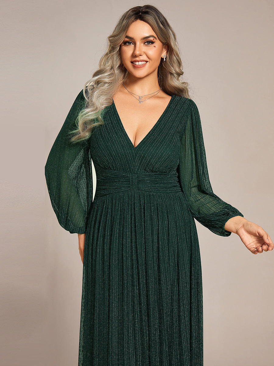Color=Plus Size Purple Wisteria | Maxi Long Chiffon Waist  V Neck Wholesale Evening Dress with Long Sleeves-Dark Green 5