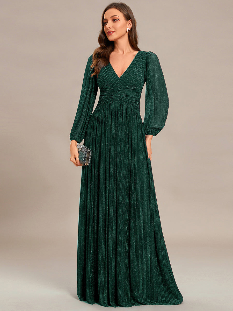 Color=Dark Green | Maxi Long Chiffon Waist V Neck Wholesale Evening Dress with Long Sleeves-Dark Green 1