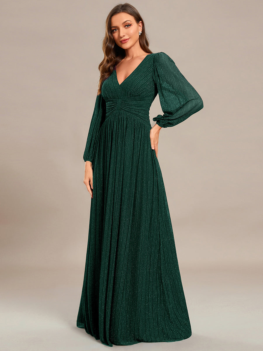 Color=Dark Green | Maxi Long Chiffon Waist  V Neck Wholesale Evening Dress with Long Sleeves-Dark Green  2