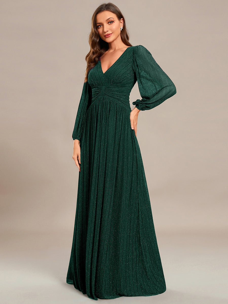 Color=Dark Green | Maxi Long Chiffon Waist V Neck Wholesale Evening Dress with Long Sleeves-Dark Green 2