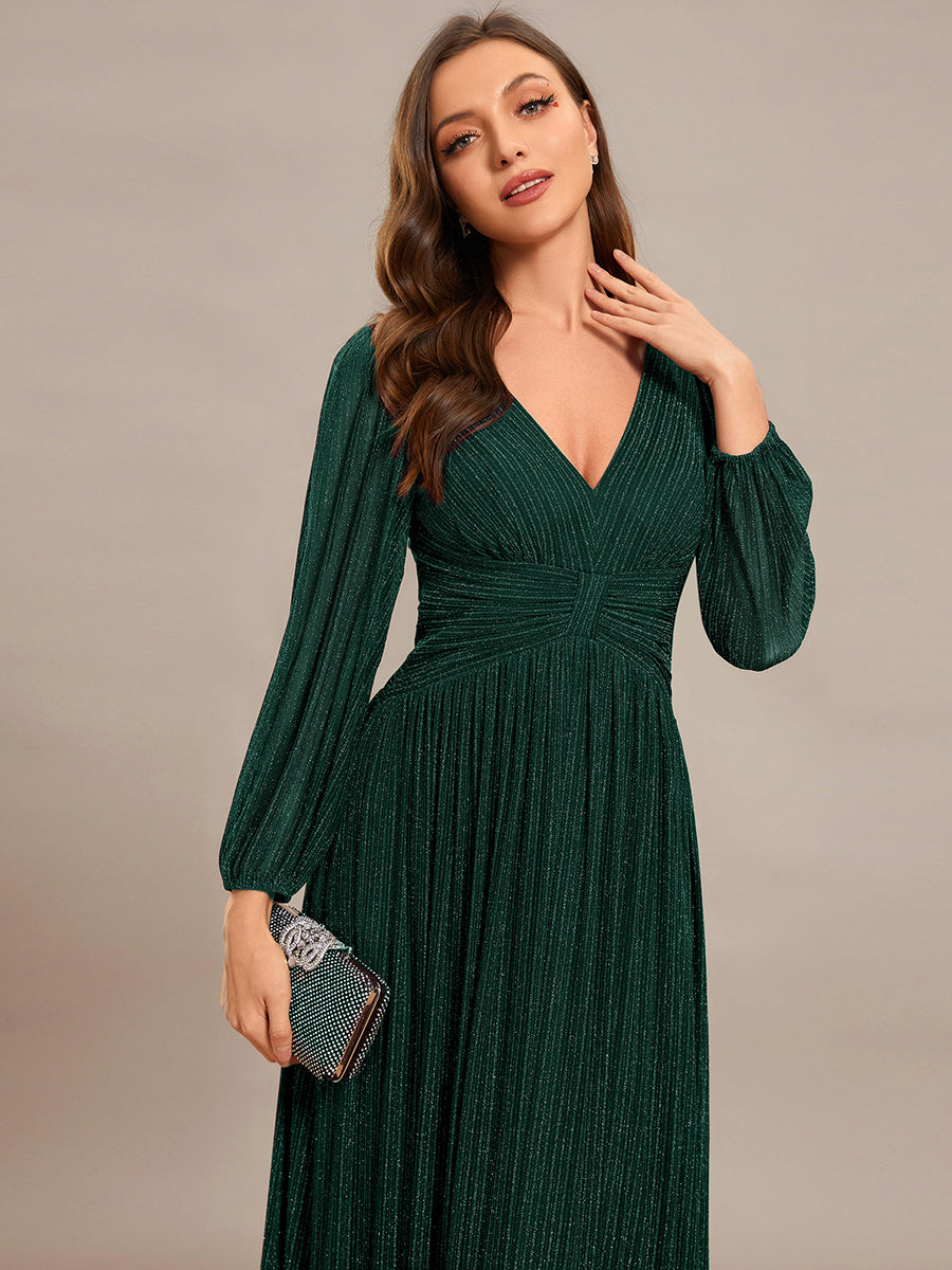 Color=Dark Green | Maxi Long Chiffon Waist  V Neck Wholesale Evening Dress with Long Sleeves-Dark Green  4