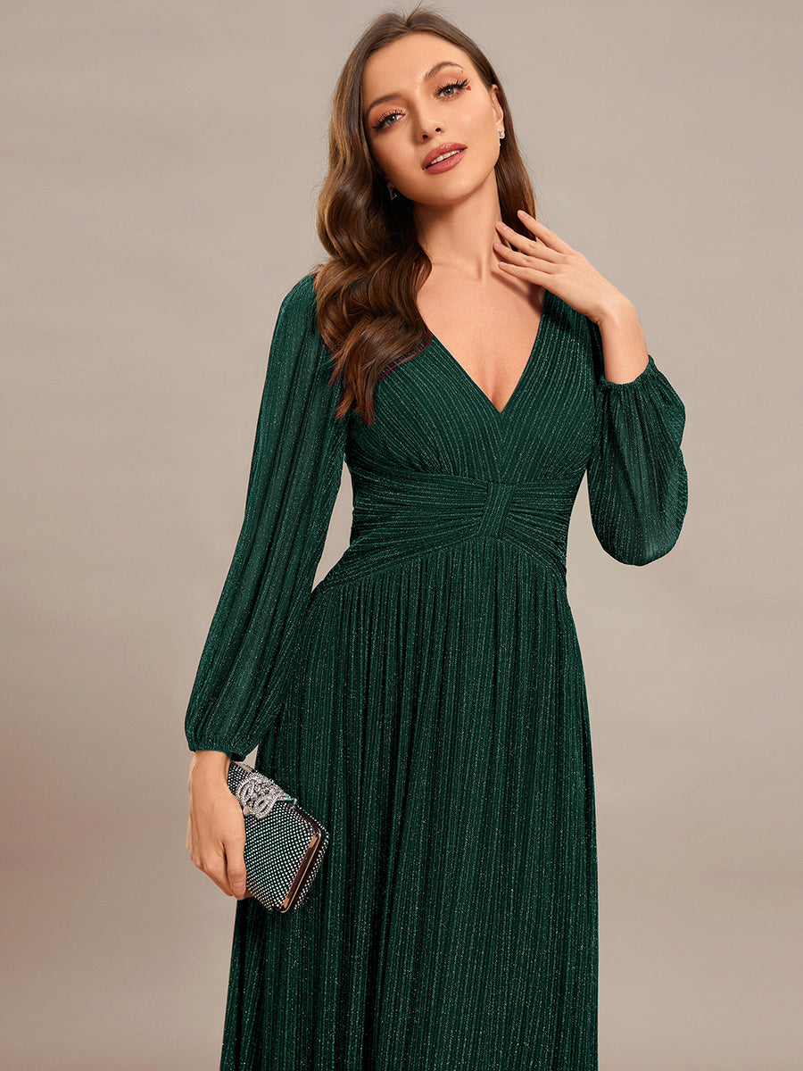 Color=Dark Green | Maxi Long Chiffon Waist V Neck Wholesale Evening Dress with Long Sleeves-Dark Green 4