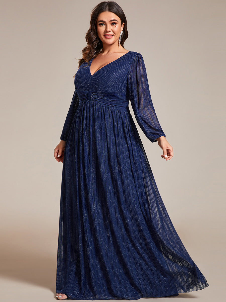 Color=Plus Size Purple Wisteria | Maxi Long Chiffon Waist  V Neck Wholesale Evening Dress with Long Sleeves-Navy Blue 5