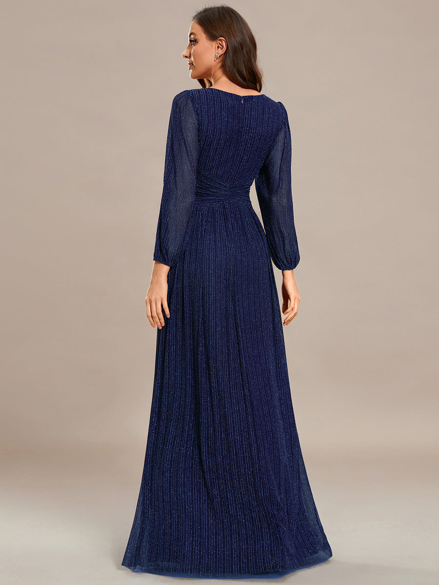 Color=Navy Blue | Maxi Long Chiffon Waist V Neck Wholesale Evening Dress with Long Sleeves-Navy Blue 2