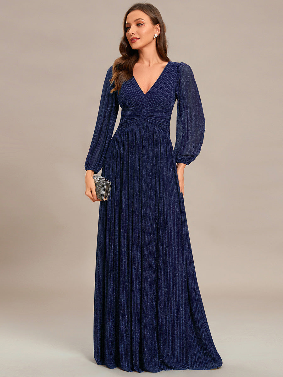 Color=Navy Blue | Maxi Long Chiffon Waist V Neck Wholesale Evening Dress with Long Sleeves-Navy Blue 4