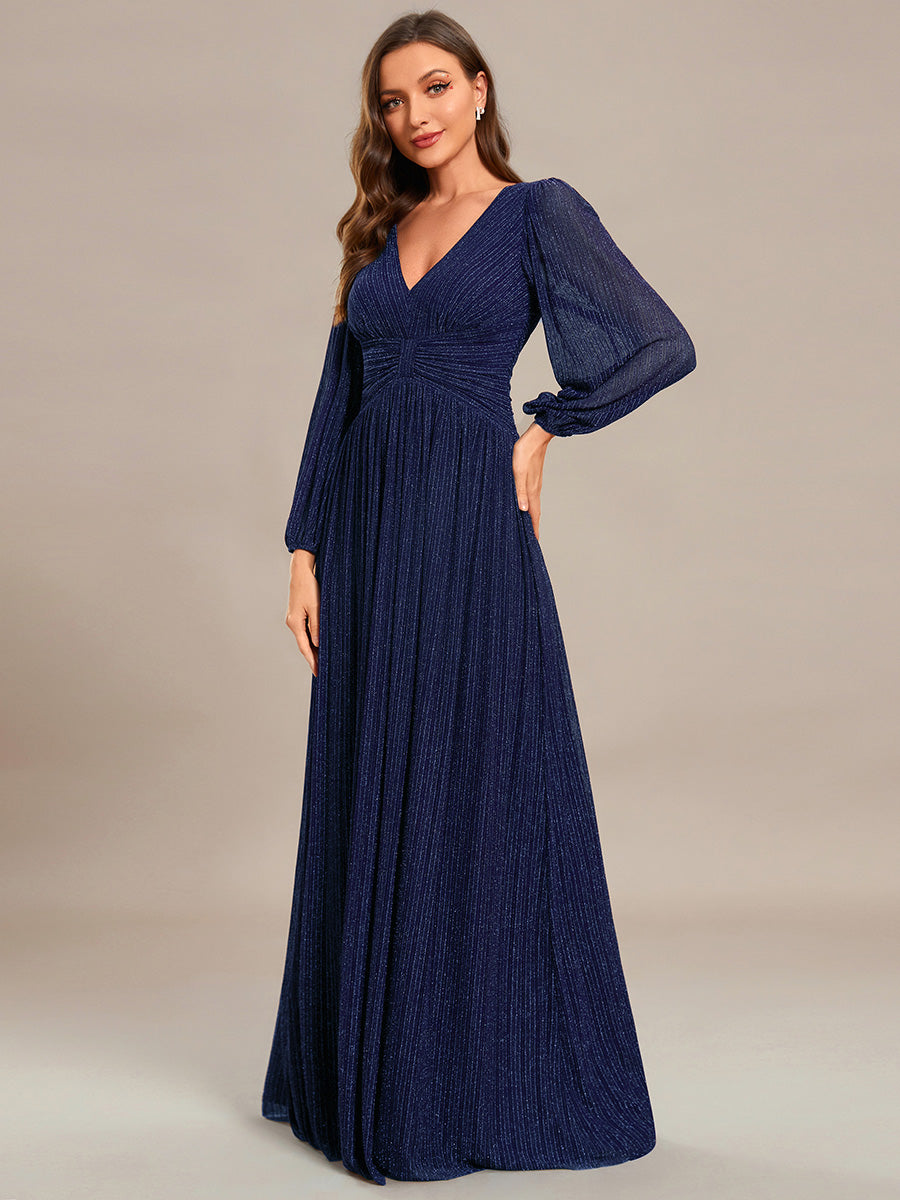 Color=Navy Blue | Maxi Long Chiffon Waist  V Neck Wholesale Evening Dress with Long Sleeves-Navy Blue 1