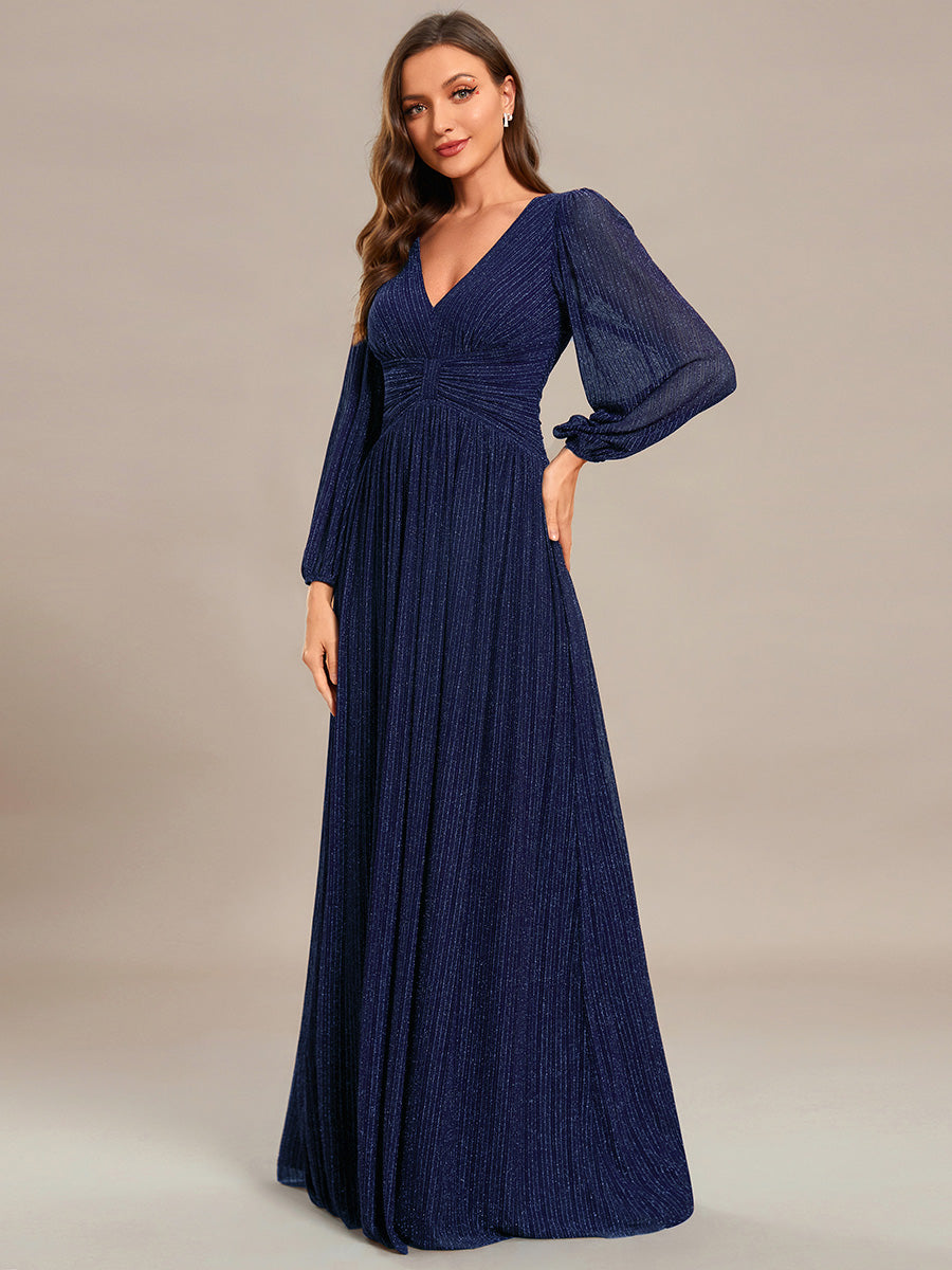 Color=Navy Blue | Maxi Long Chiffon Waist V Neck Wholesale Evening Dress with Long Sleeves-Navy Blue 1