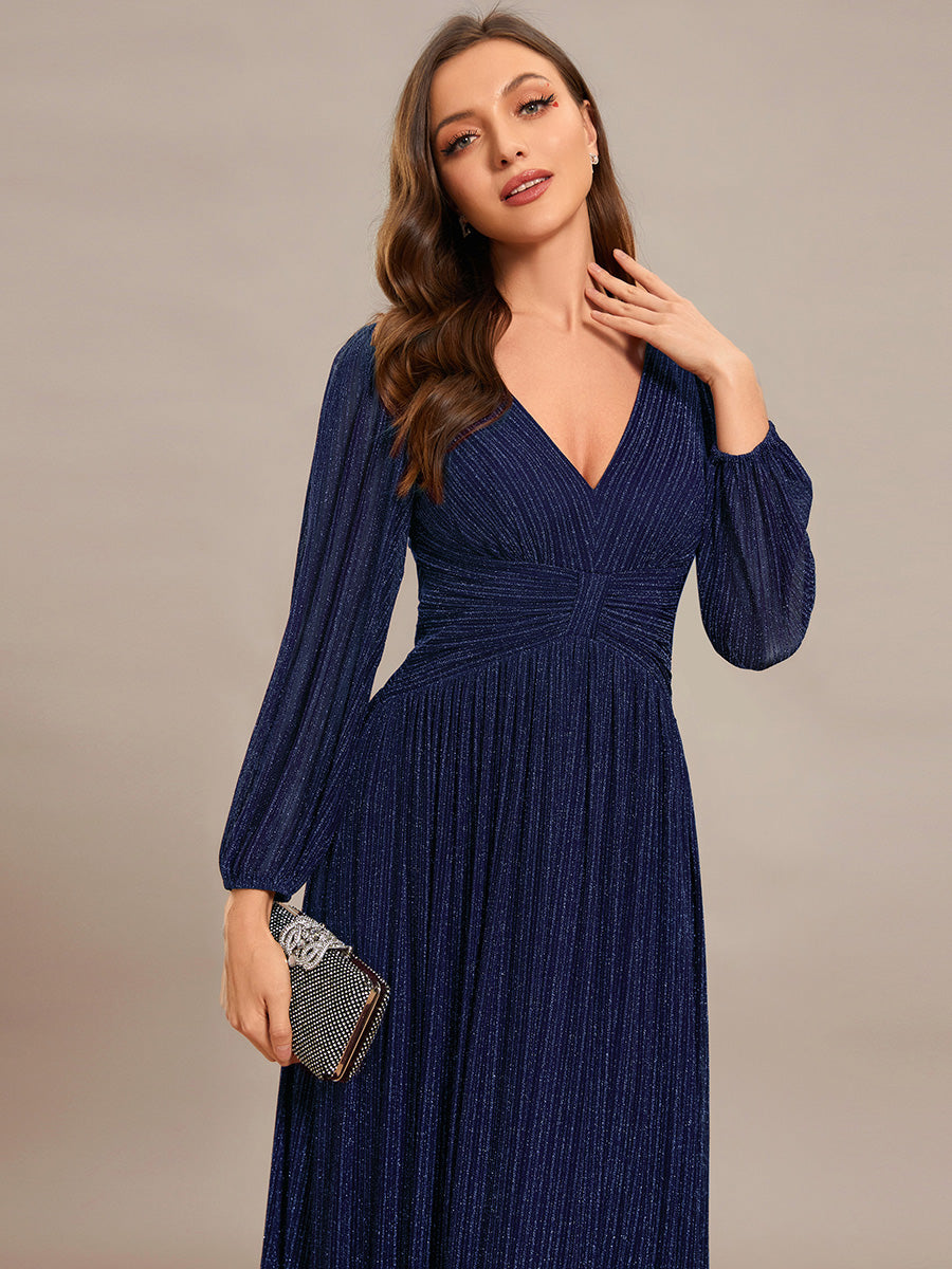 Color=Navy Blue | Maxi Long Chiffon Waist V Neck Wholesale Evening Dress with Long Sleeves-Navy Blue 3