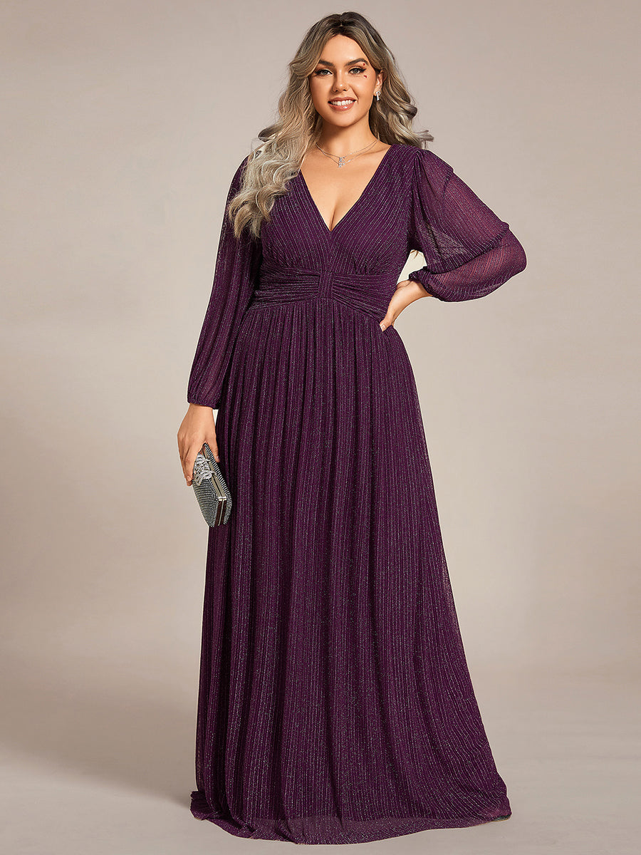 Color=Plus Size Purple Wisteria | Maxi Long Chiffon Waist  V Neck Wholesale Evening Dress with Long Sleeves-Purple Wisteria 5