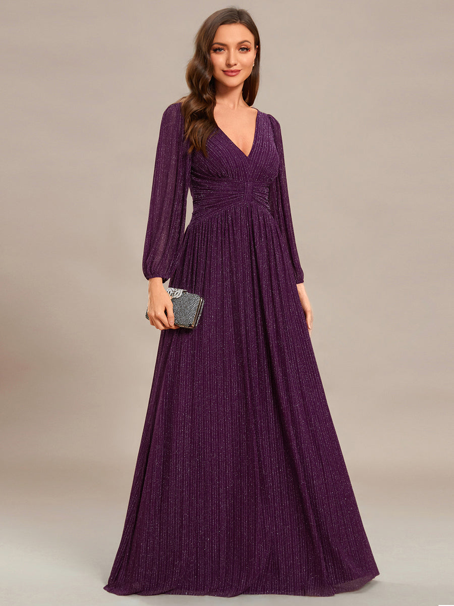 Color=Purple Wisteria | Maxi Long Chiffon Waist V Neck Wholesale Evening Dress with Long Sleeves-Purple Wisteria 1