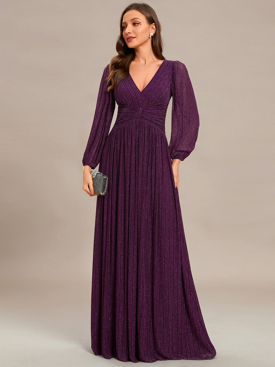 Color=Purple Wisteria | Maxi Long Chiffon Waist  V Neck Wholesale Evening Dress with Long Sleeves-Purple Wisteria 3