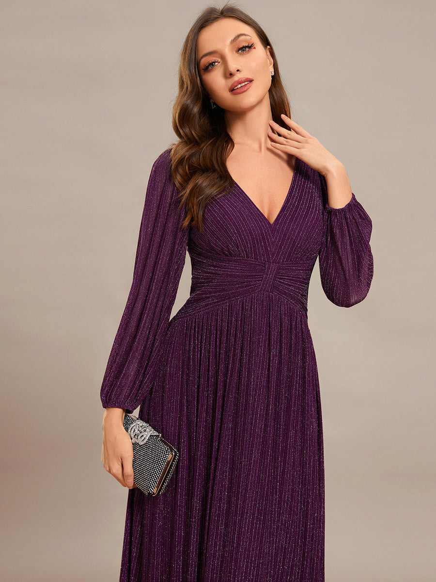 Color=Purple Wisteria | Maxi Long Chiffon Waist  V Neck Wholesale Evening Dress with Long Sleeves-Purple Wisteria 5