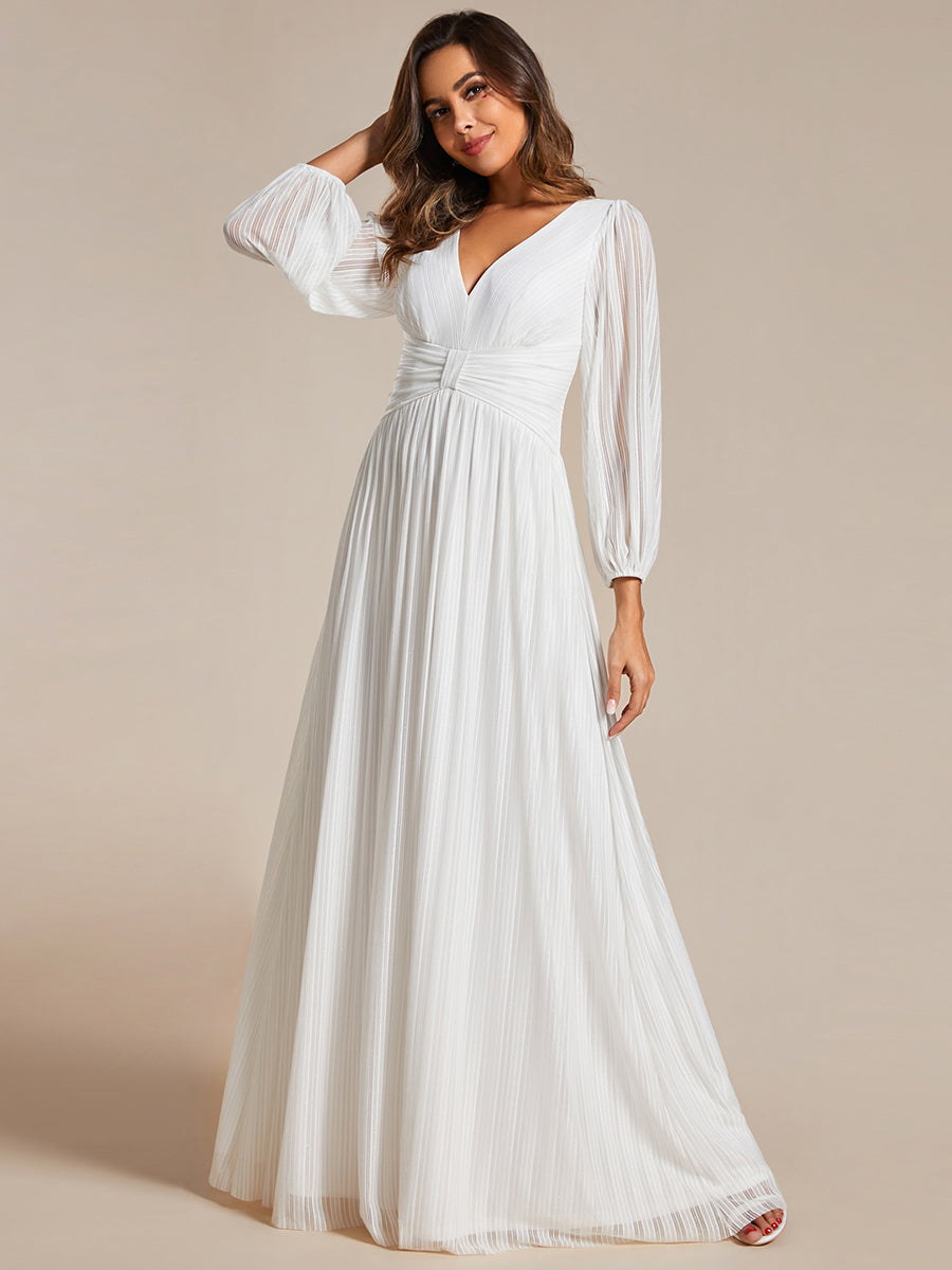 Color=White | Maxi Long Chiffon Waist  V Neck Wholesale Evening Dress with Long Sleeves-White 5