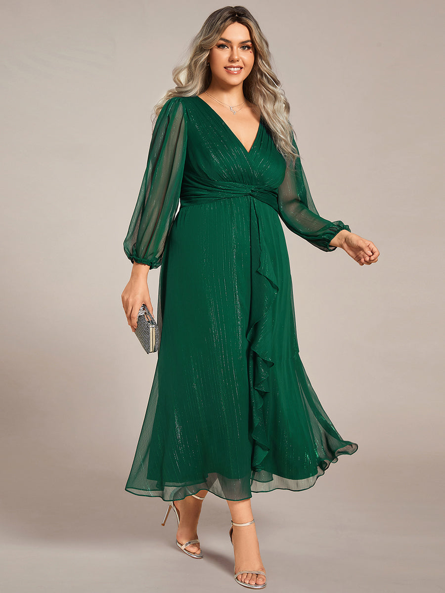 Shiny Chiffon Wholesale Wedding Guest Dresses with Long Sleeve#Color_Dark Green