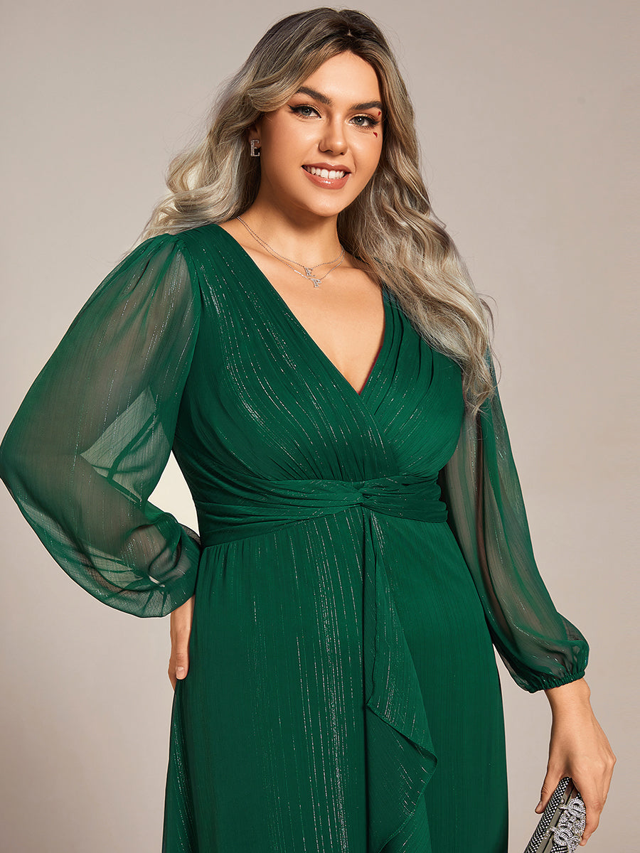 Shiny Chiffon Wholesale Wedding Guest Dresses with Long Sleeve#Color_Dark Green