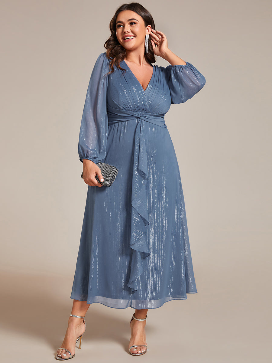Shiny Chiffon Wholesale Wedding Guest Dresses with Long Sleeve#Color_Dusty Blue
