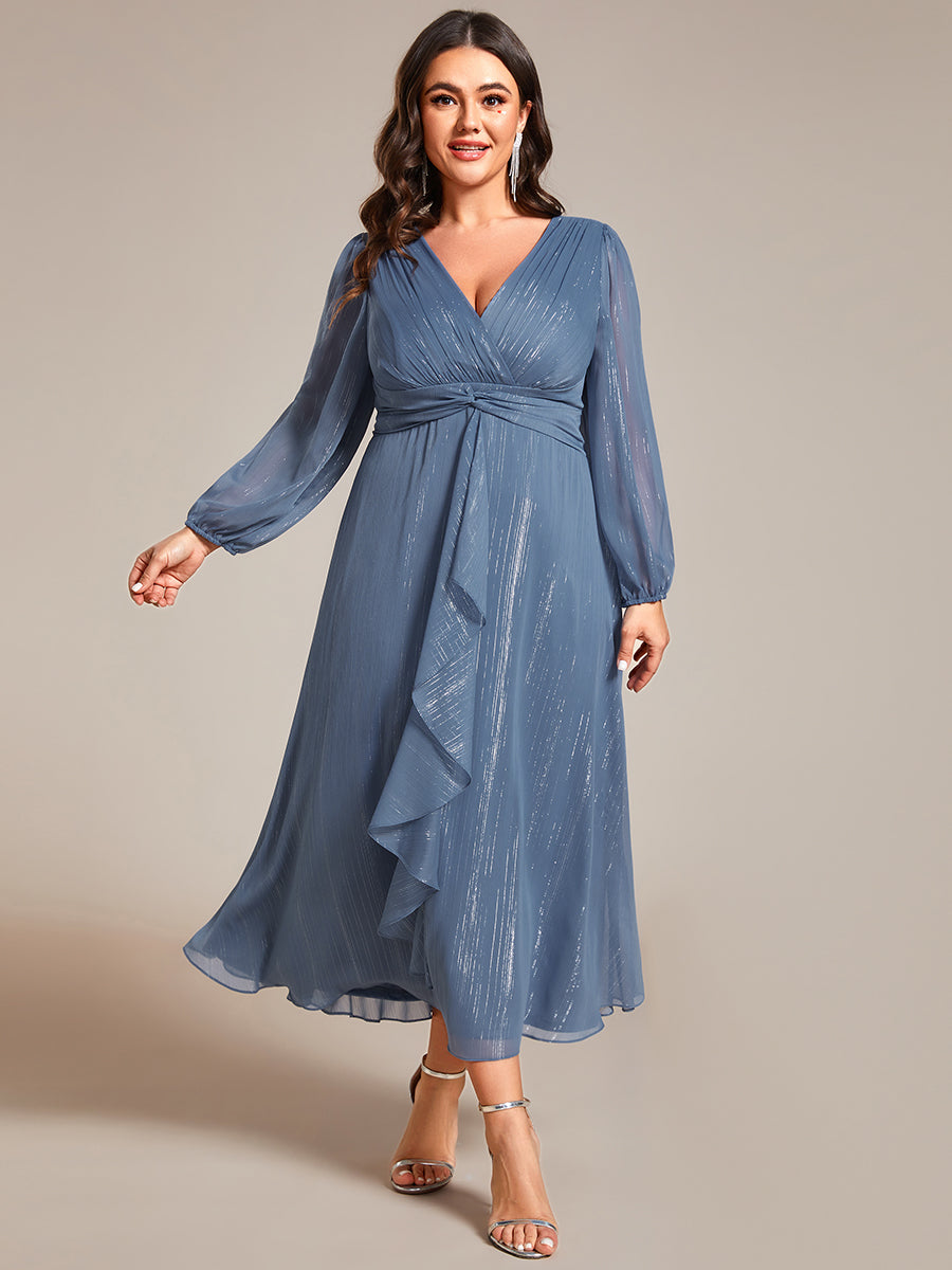 Shiny Chiffon Wholesale Wedding Guest Dresses with Long Sleeve#Color_Dusty Blue