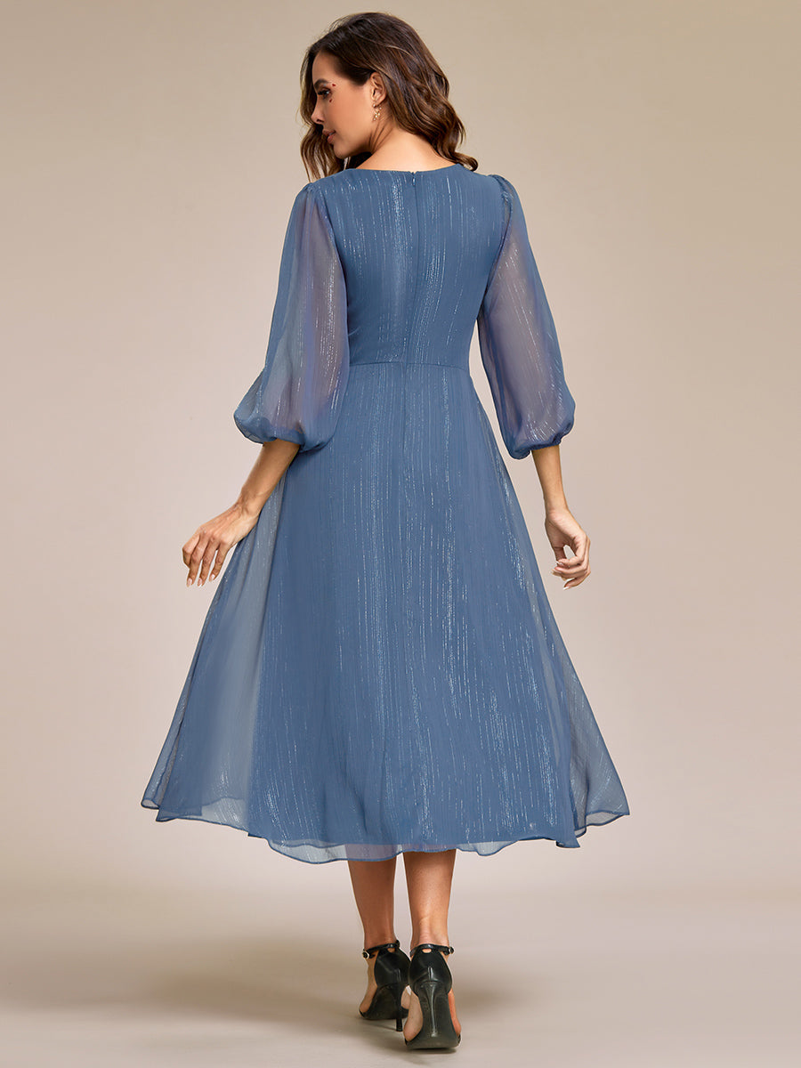 Shiny Chiffon Wholesale Wedding Guest Dresses with Long Sleeve#Color_Dusty Blue