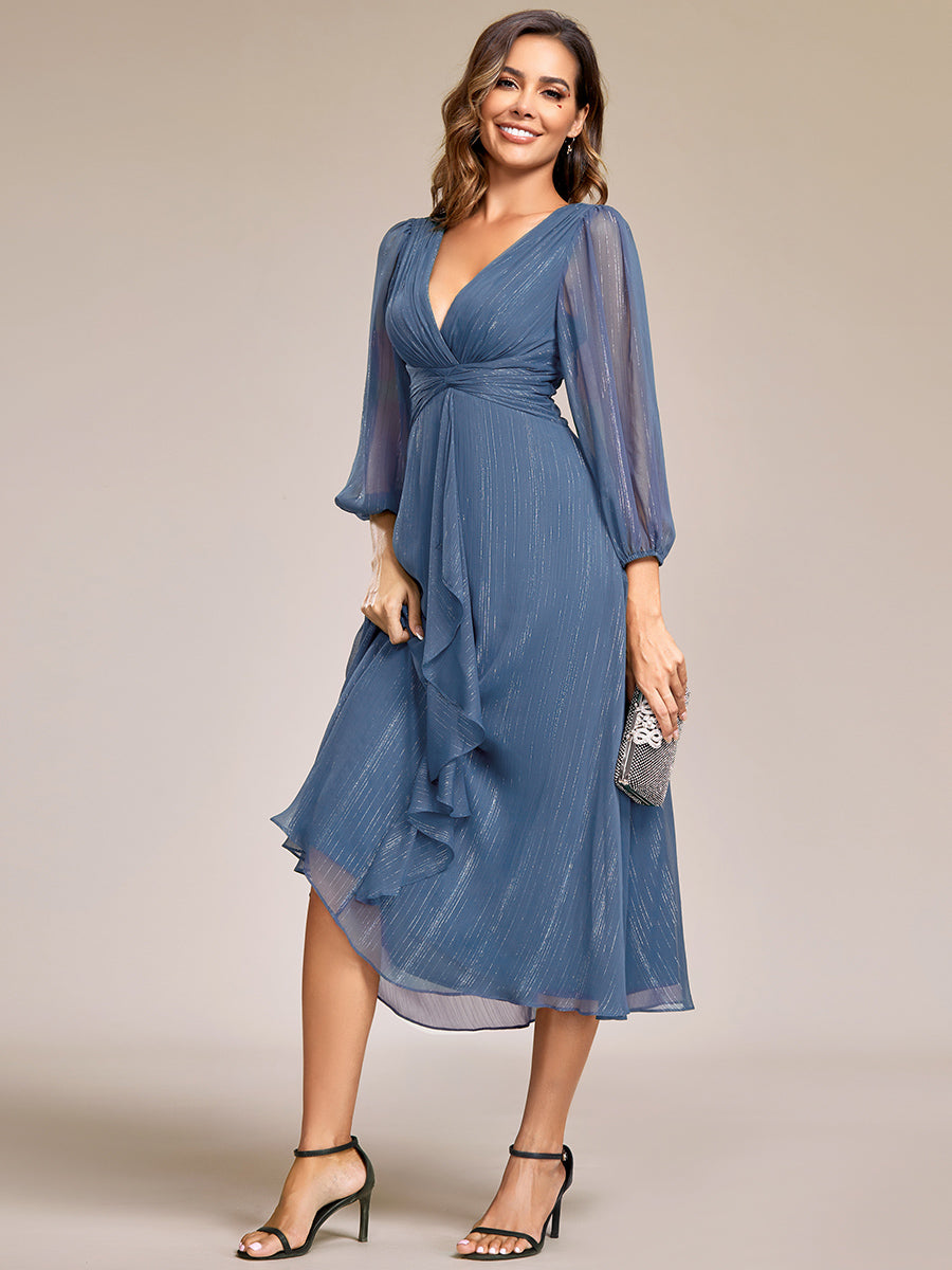 Shiny Chiffon Wholesale Wedding Guest Dresses with Long Sleeve#Color_Dusty Blue