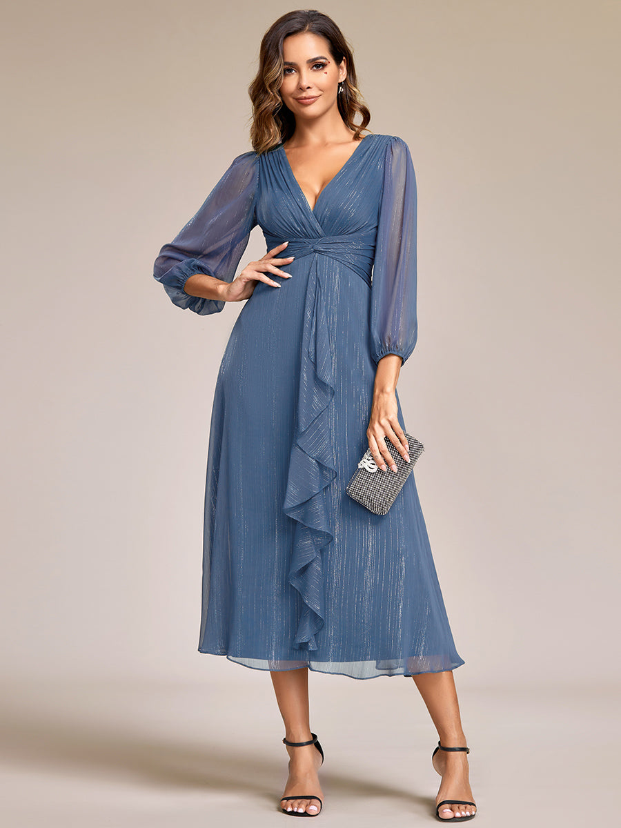 Shiny Chiffon Wholesale Wedding Guest Dresses with Long Sleeve#Color_Dusty Blue