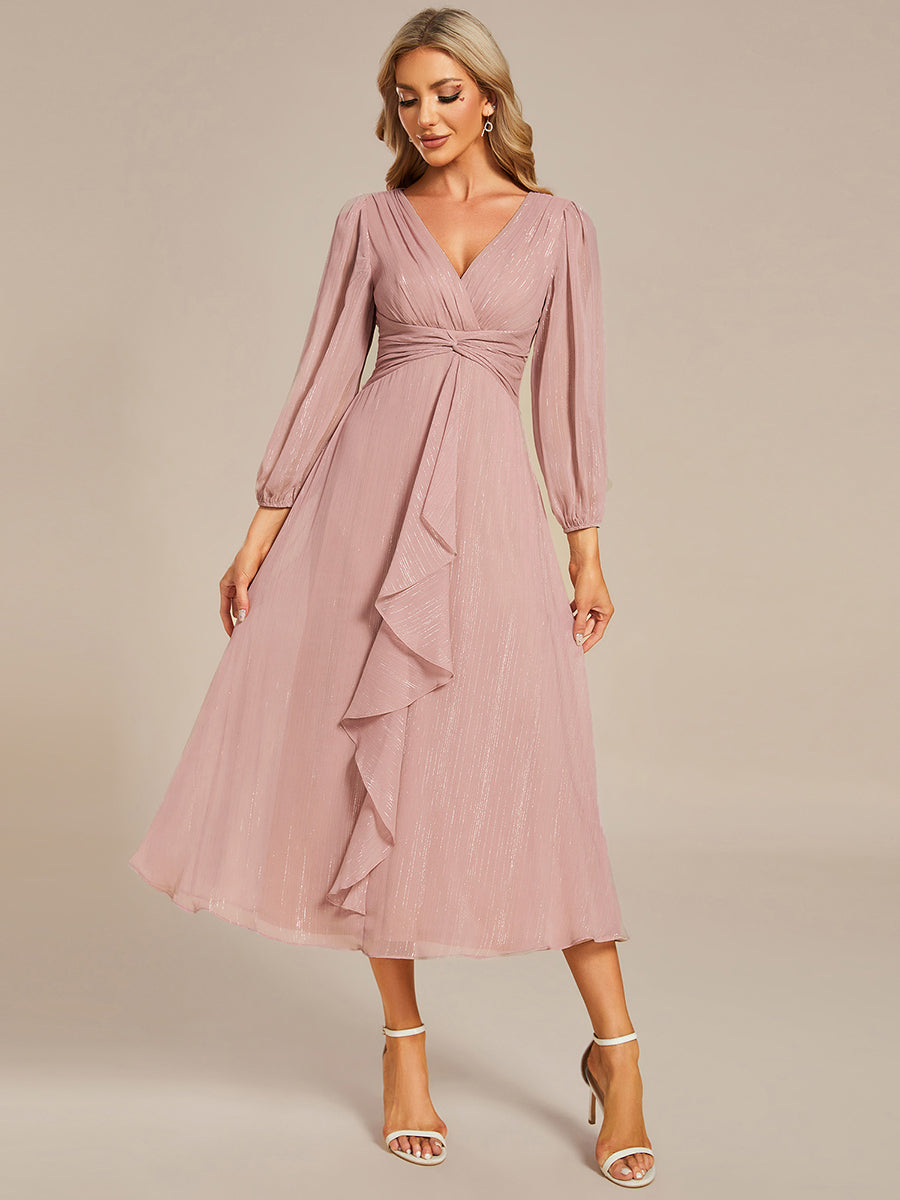 Shiny Chiffon Wholesale Wedding Guest Dresses with Long Sleeve#Color_Dusty Rose