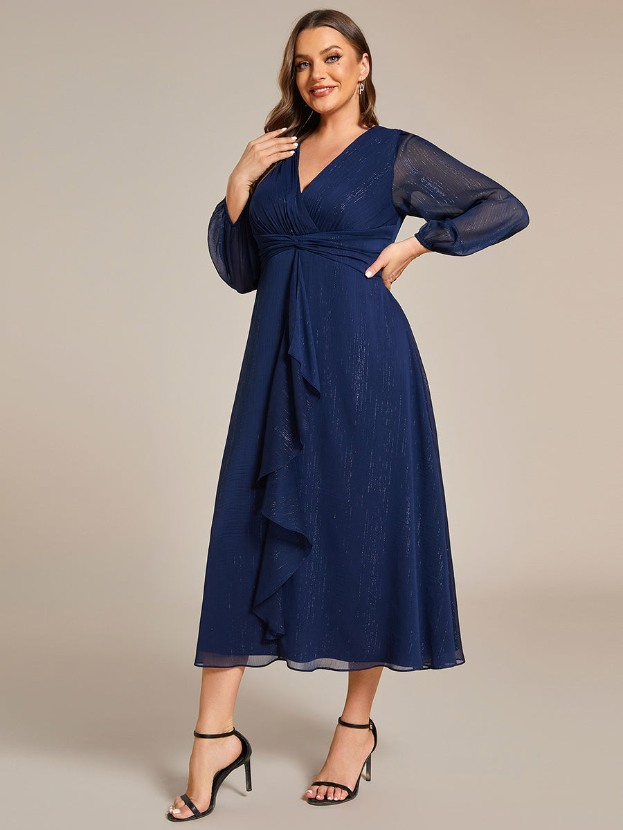 Shiny Chiffon Wholesale Wedding Guest Dresses with Long Sleeve#Color_Navy Blue
