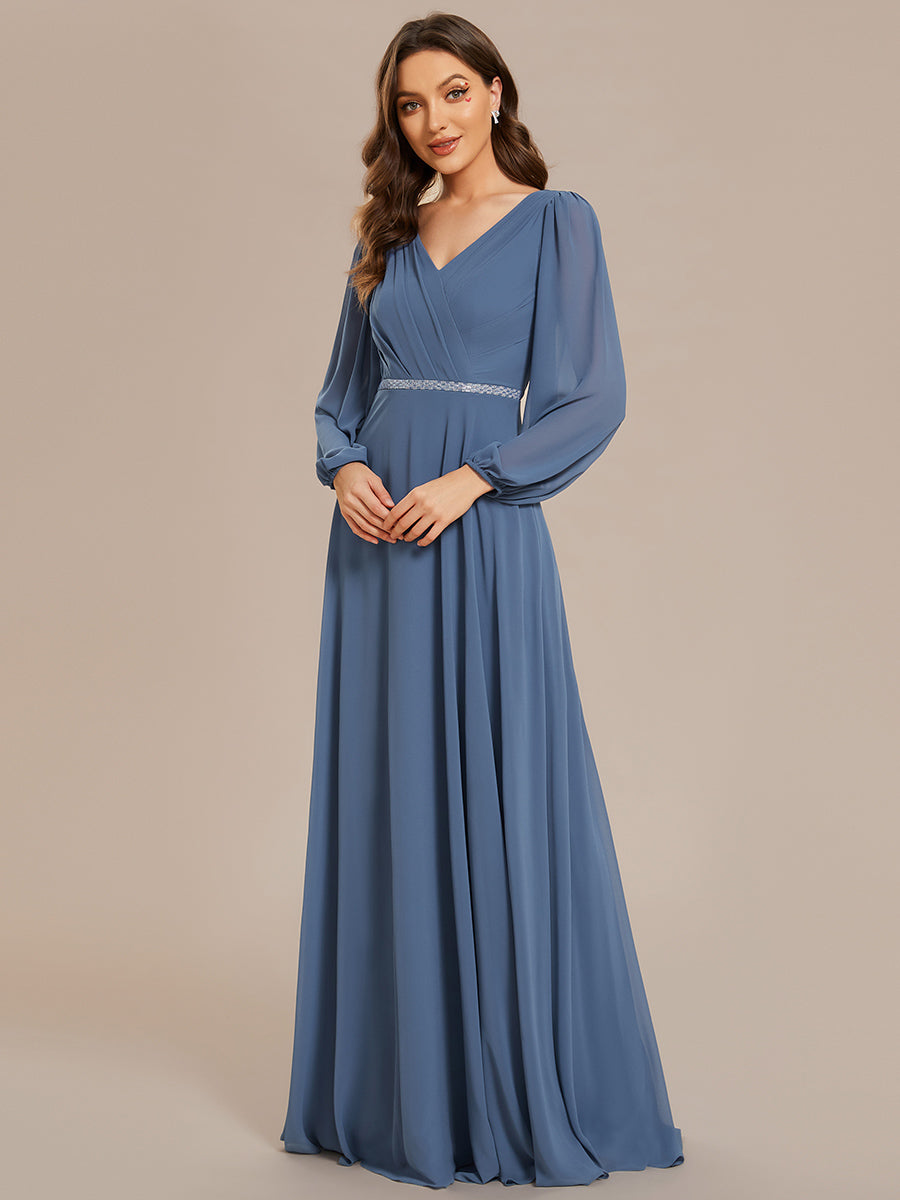 Elegant waisted chiffon V-neck long sleeve guest dress wholesale#Color_Dusty Blue