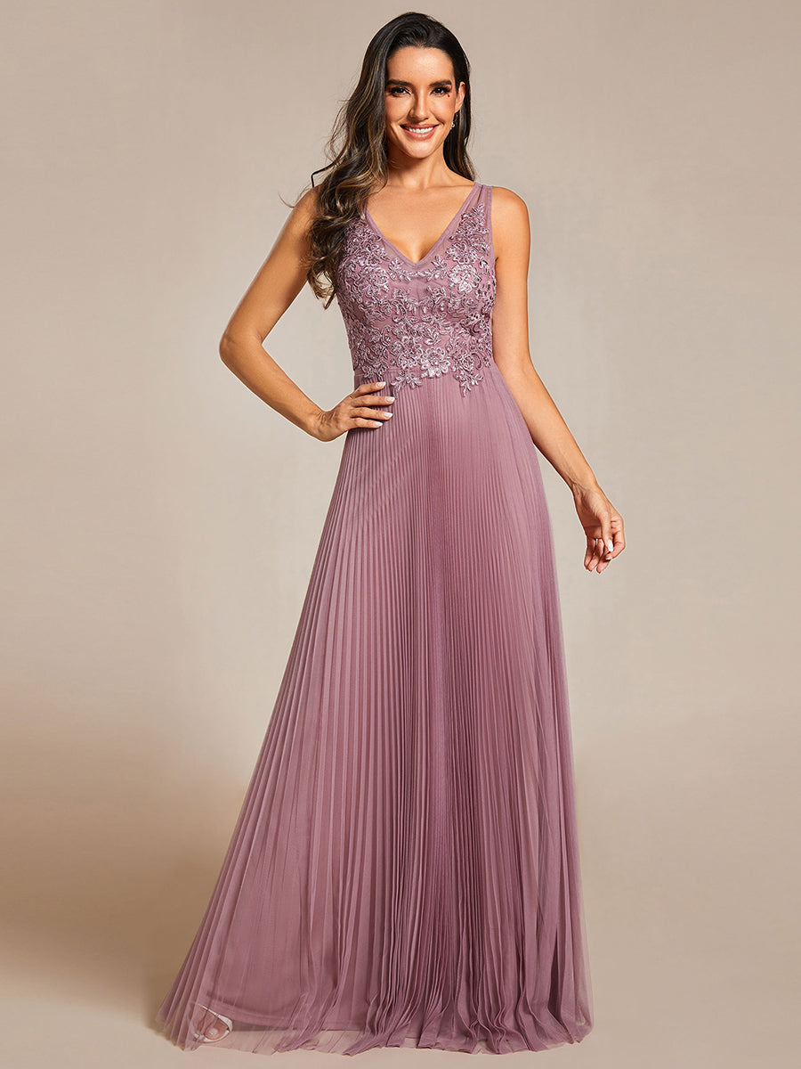 Elegant Appliques Chiffon A-Line Floor Length V Neck Sleeveless Wholesale Evening Dress