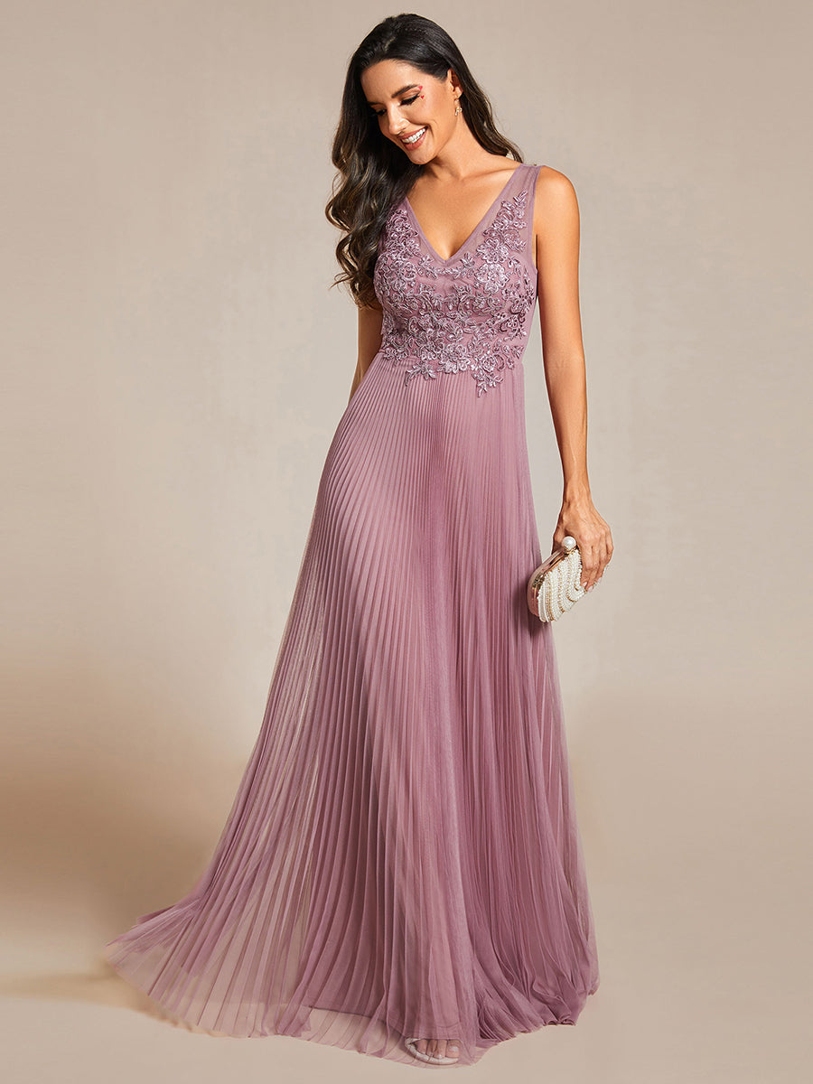 Elegant Appliques Chiffon A-Line Floor Length V Neck Sleeveless Wholesale Evening Dress