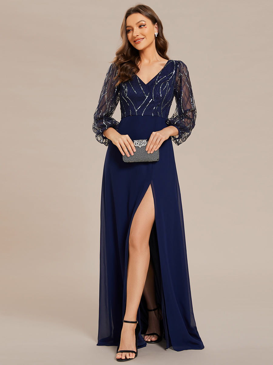 Color=Navy Blue | Maxi Long Sequin Wholesale Evening Dress with Long Sleeves-Navy Blue 4