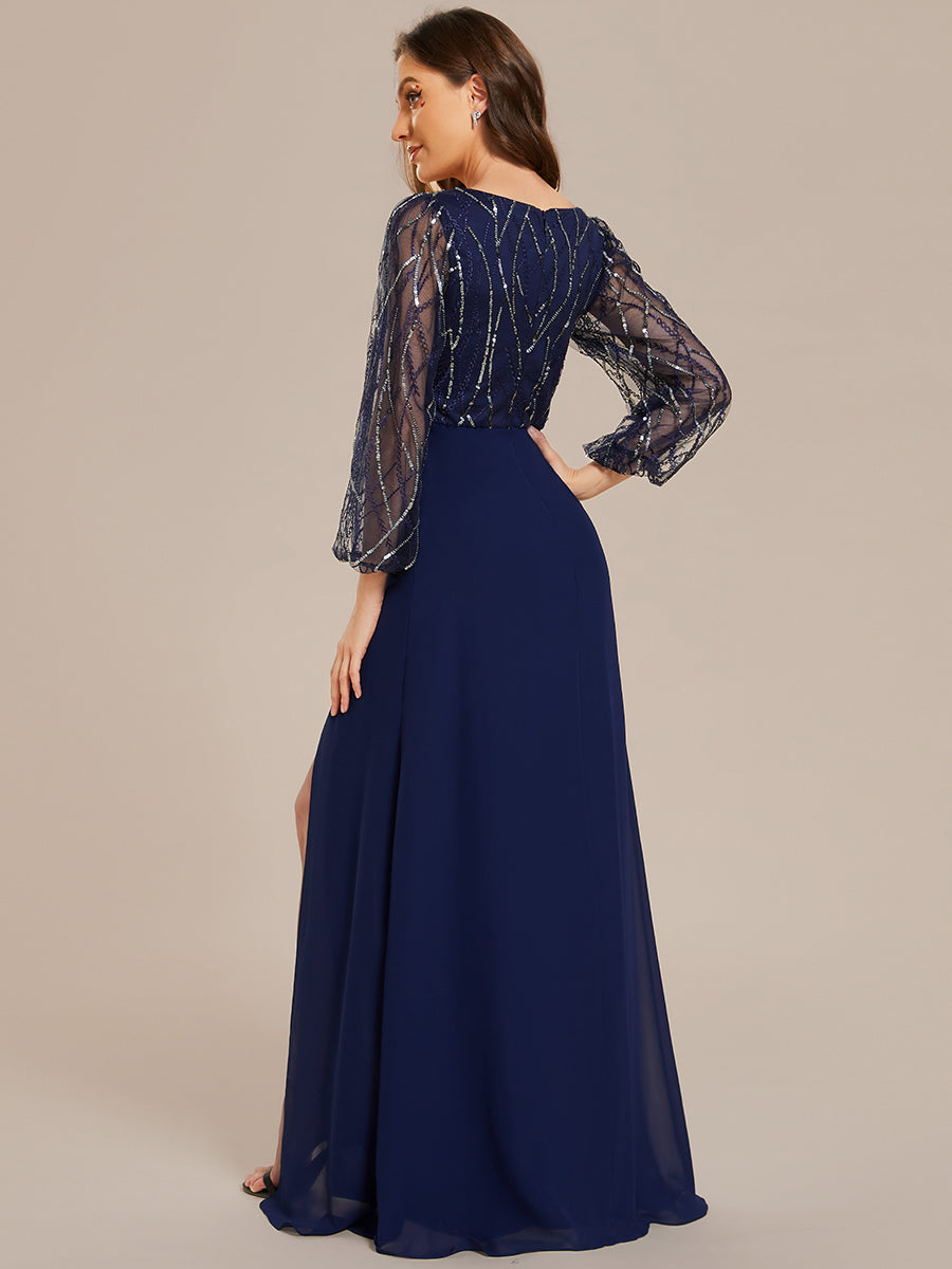 Color=Navy Blue | Maxi Long Sequin Wholesale Evening Dress with Long Sleeves-Navy Blue 5