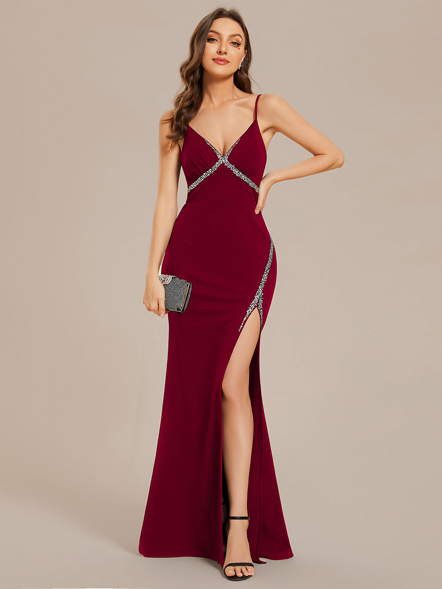 V Neck Side Split Fishtail Shiny Wholesale Evening Dresses#Color_Burgundy