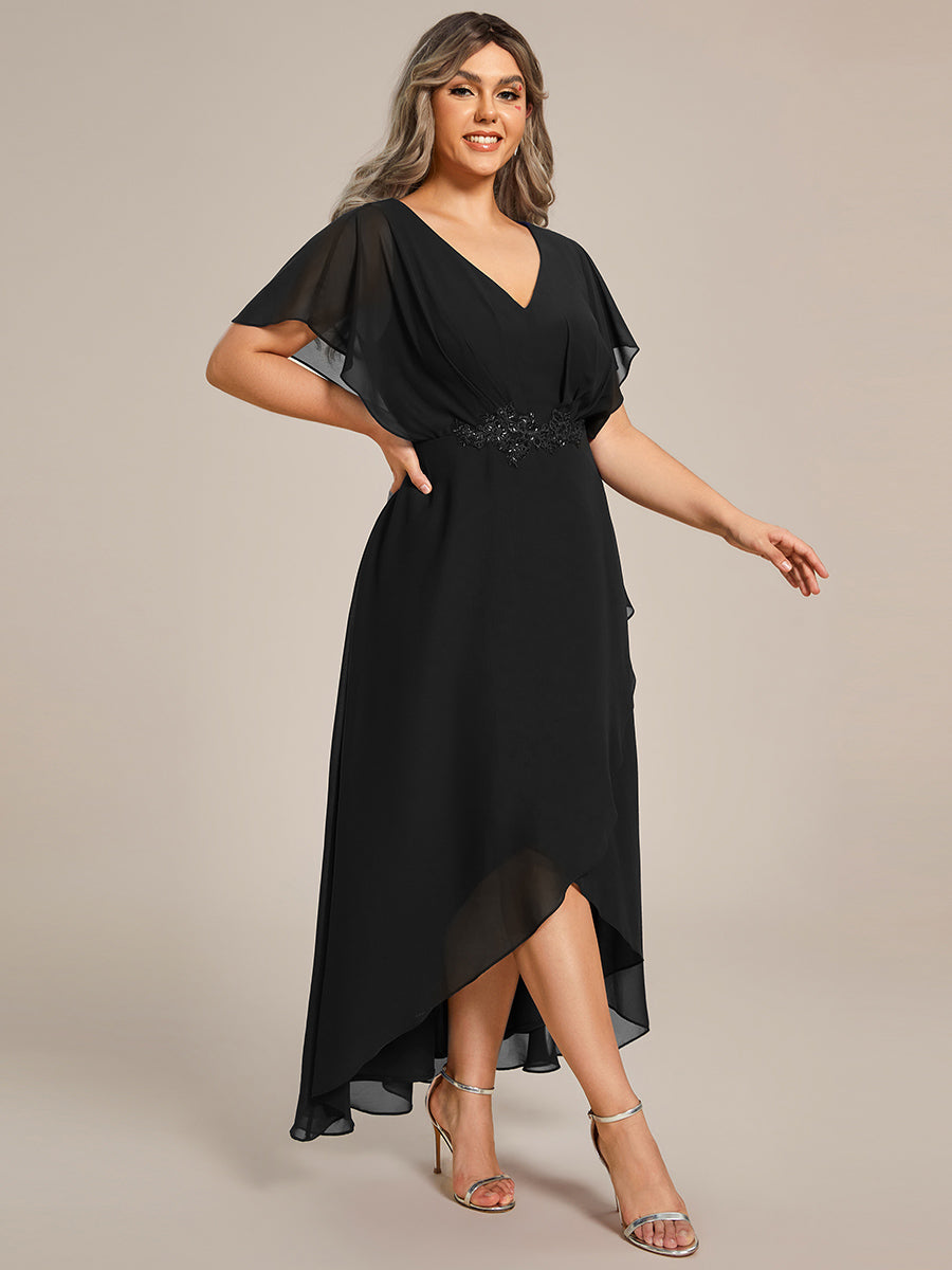 Color=Black | Chiffon Appliques High-low Wholesale Evening Dress with Short Sleeves-Black 4