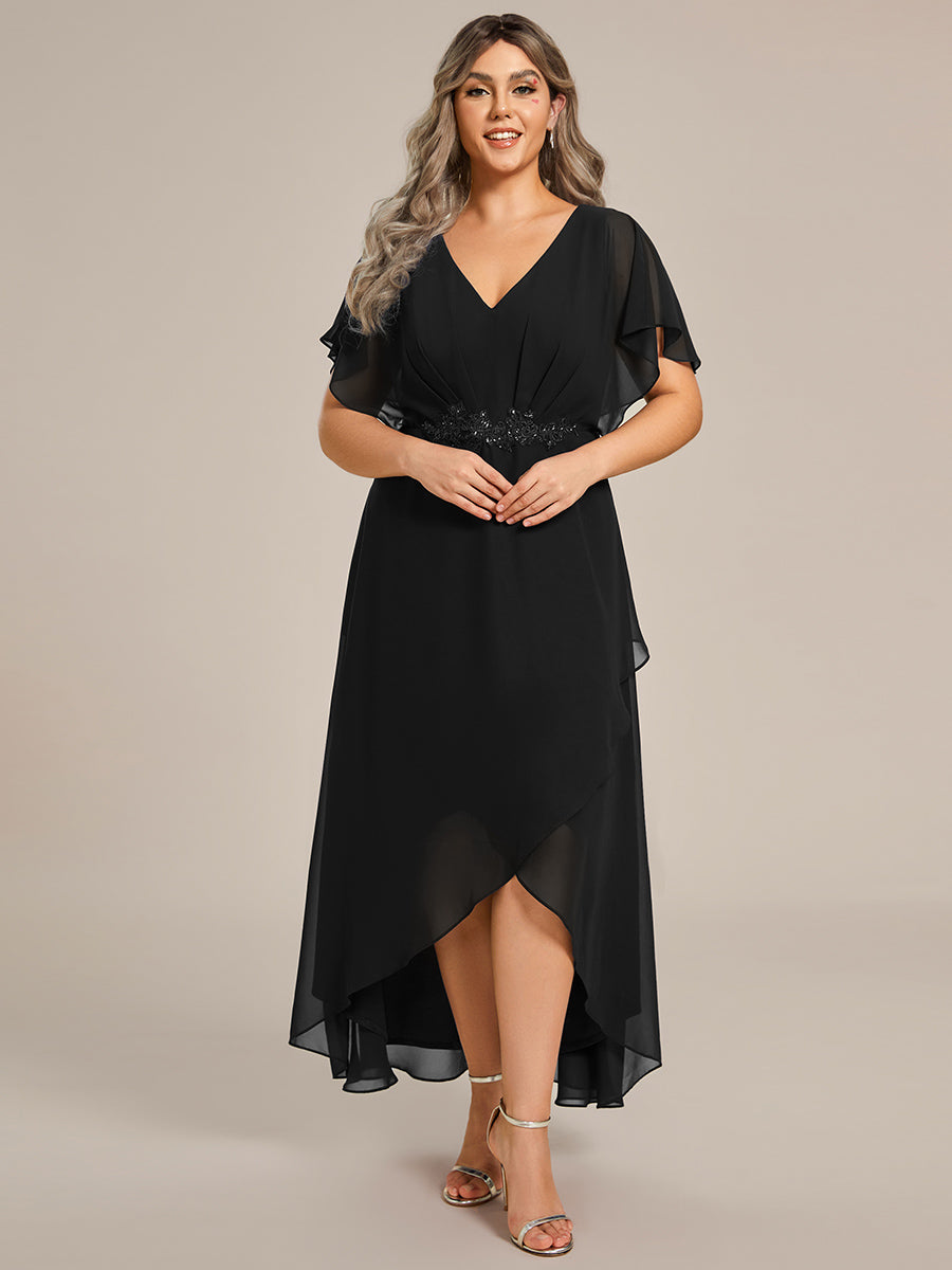 Color=Black | Chiffon Appliques High-low Wholesale Evening Dress with Short Sleeves-Black 3