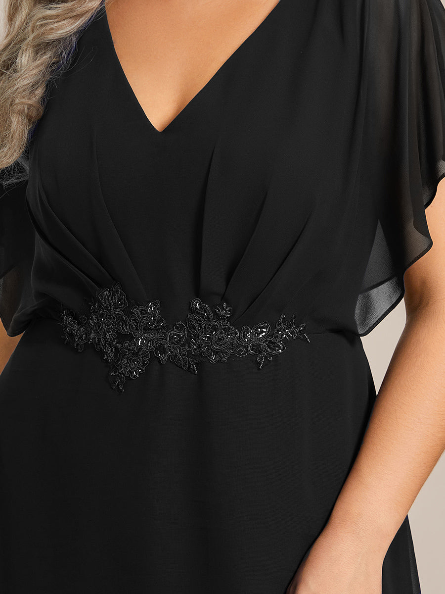 Color=Black | Chiffon Appliques High-low Wholesale Evening Dress with Short Sleeves-Black 2