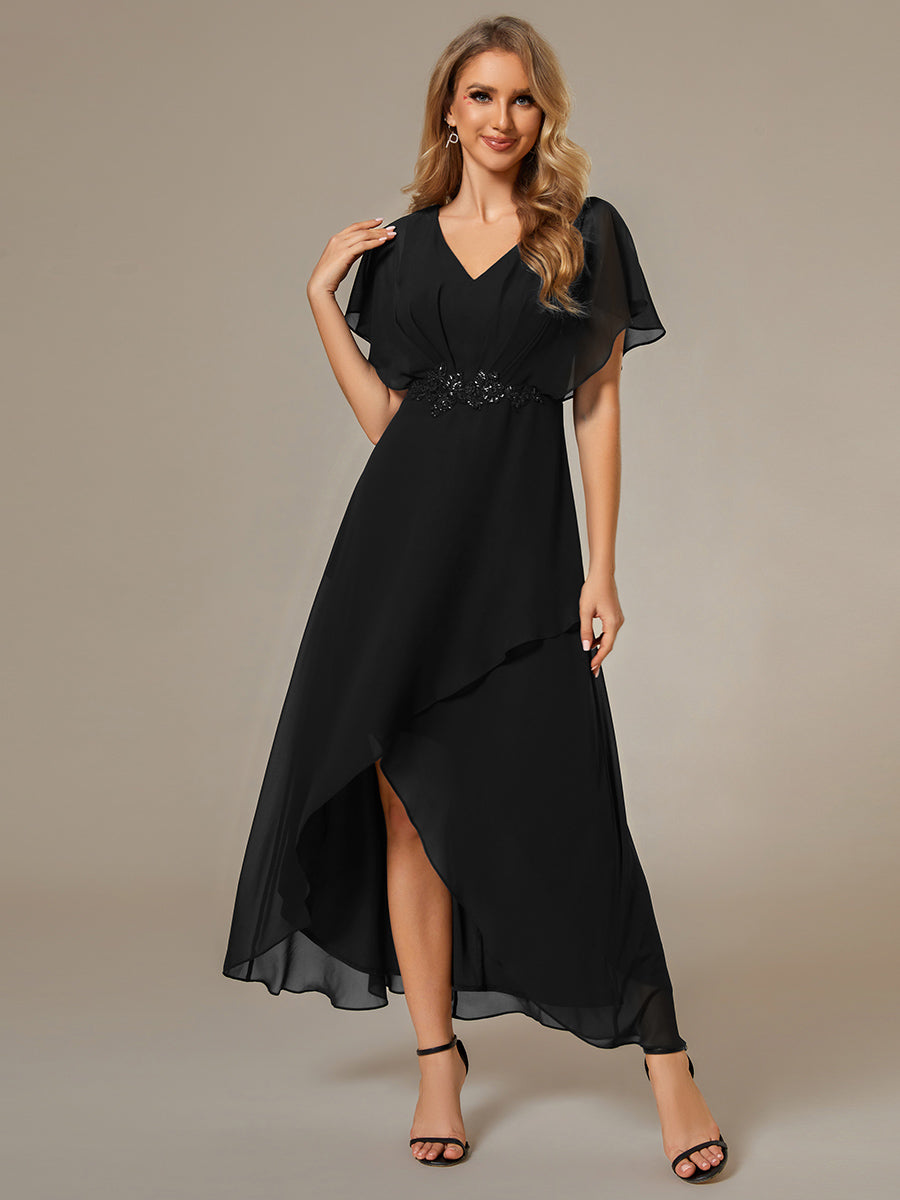 Color=Black | Chiffon Appliques  High-low  Wholesale Evening Dress with Short Sleeves-Black 4