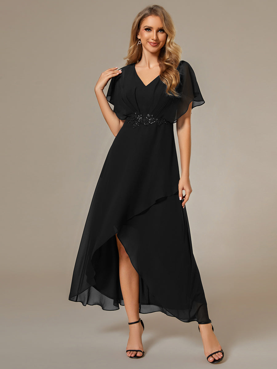 Color=Black | Chiffon Appliques High-low Wholesale Evening Dress with Short Sleeves-Black 4