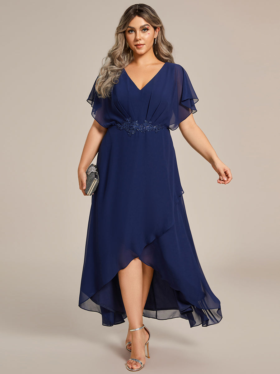 Color=Navy Blue | Chiffon Appliques High-low Wholesale Evening Dress with Short Sleeves-Navy Blue 5