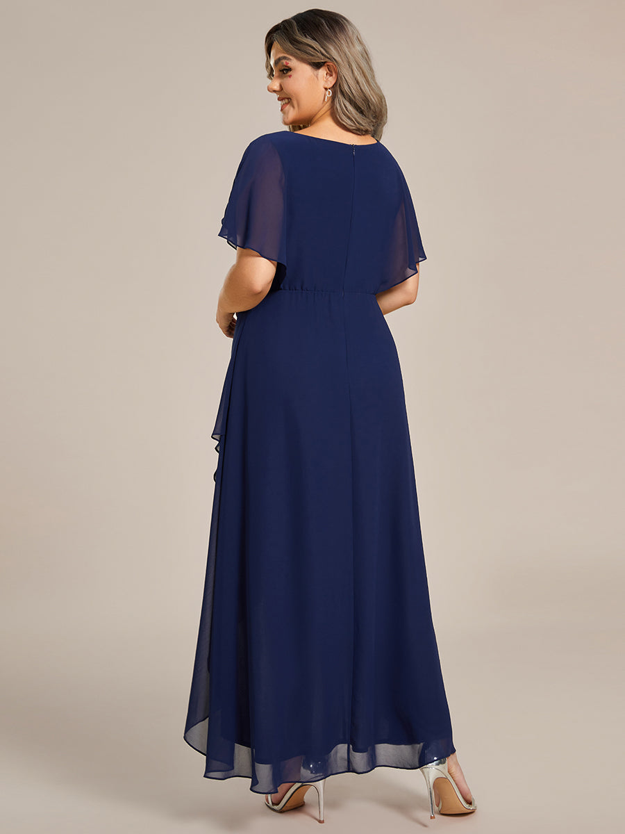 Color=Navy Blue | Chiffon Appliques High-low Wholesale Evening Dress with Short Sleeves-Navy Blue 5