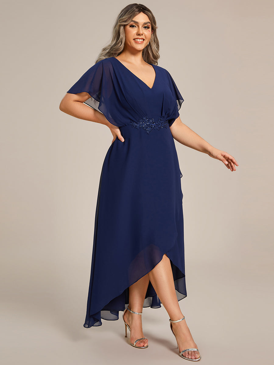 Color=Navy Blue | Chiffon Appliques High-low Wholesale Evening Dress with Short Sleeves-Navy Blue 5