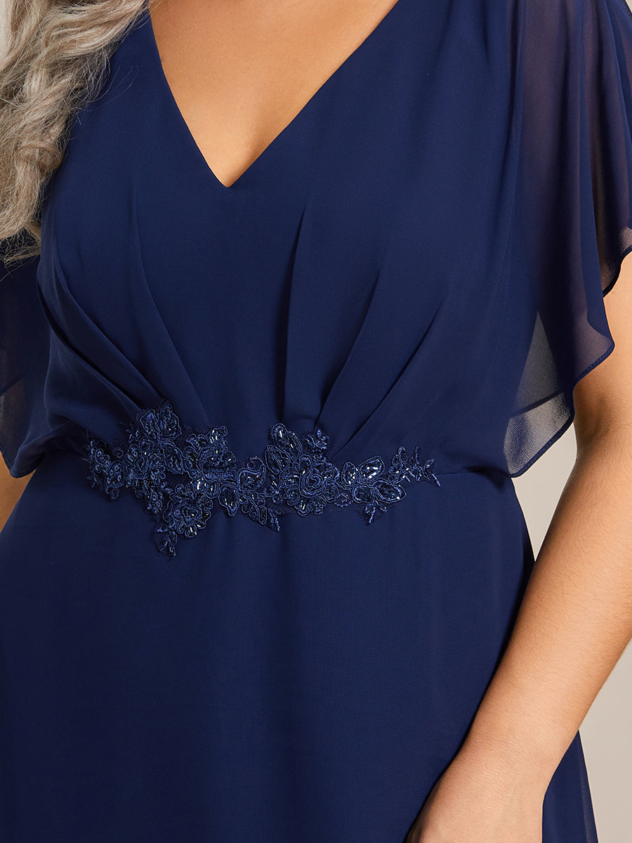 Color=Navy Blue | Chiffon Appliques  High-low  Wholesale Evening Dress with Short Sleeves-Navy Blue 5