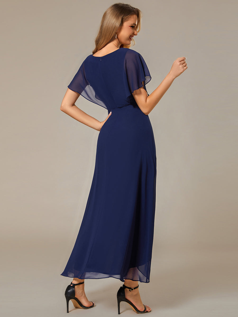 Color=Navy Blue | Chiffon Appliques  High-low  Wholesale Evening Dress with Short Sleeves-Navy Blue 2